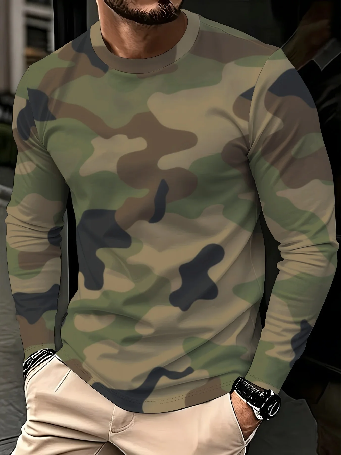 Men's Camouflage Full Print Long Sleeved T-shirt, Round Neck Polyester Fiber Top, Outdoor Tactical Style Sports Pullover T-shirt