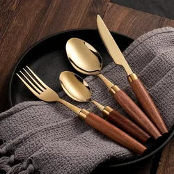 4pcs Wooden Handle Cutlery Set Stainless Steel Knife Fork Spoon Suit Sapele Wooden Western Flatware Dishwasher Safe Kitchen Item