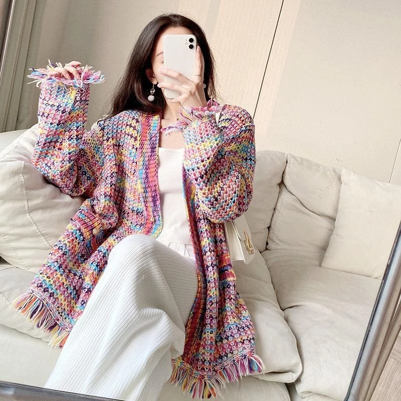 Spring and Autumn New Style Rainbow Gentle Tassel Sweater Jacket Female Loose Lazy Wind Knit Cardigan Can Be Worn Outside