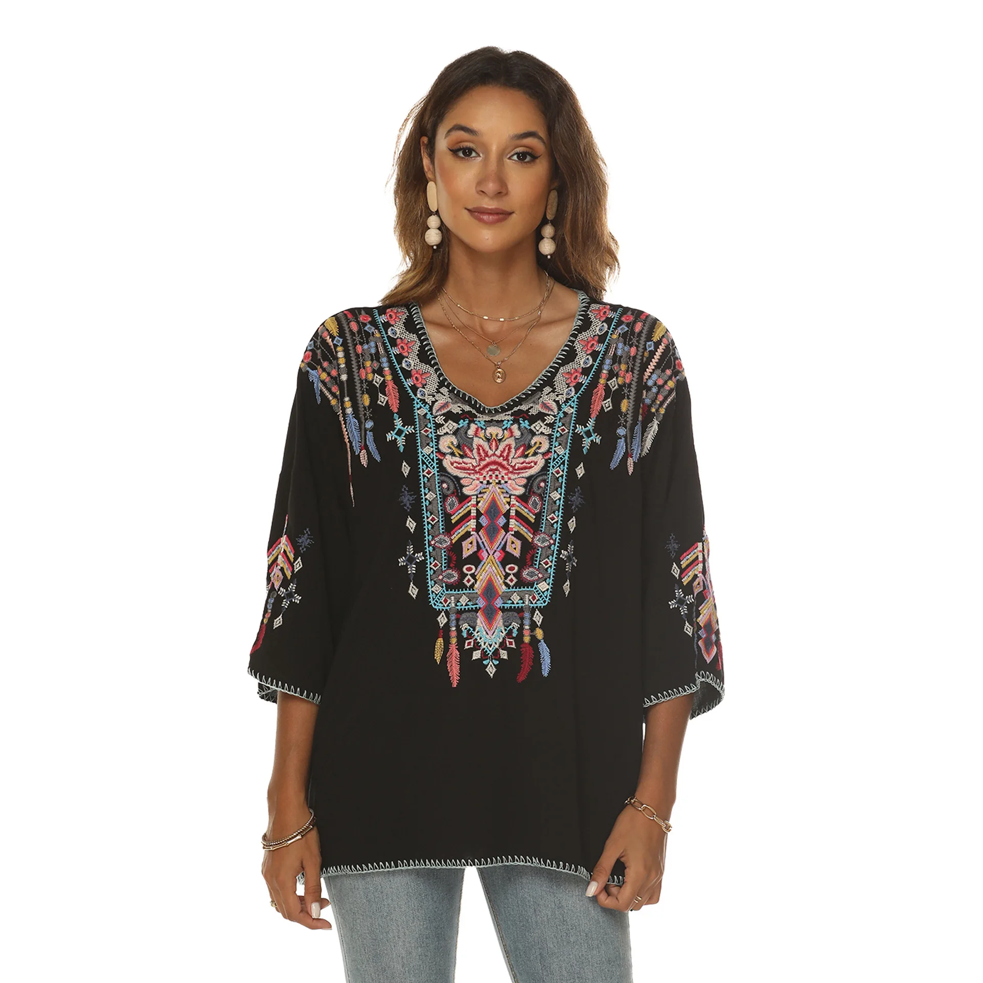 Mexican Embroidered Blouse Shirts for Women Boho Tops and Blouses 3/4 Sleeve Bohemian Peasant Loose Shirt Summer Fall Tunic Top