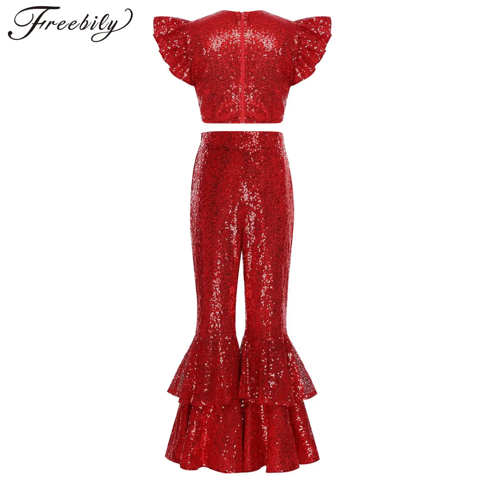 

Girls Christmas Party Clothes Fashion Streetwear 60s Disco Outfit Sequin Top Flared Pants Dancewear Sets Kids Jazz Dance Costume