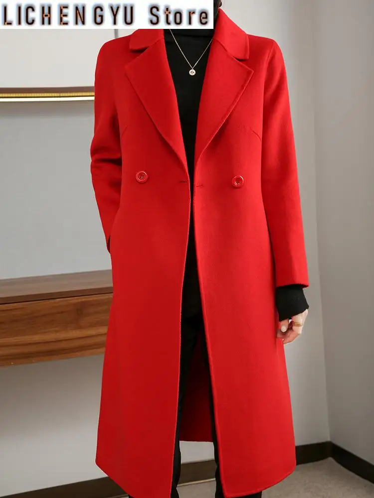 New Autumn and Winter Women's Coat Double-Sided Woolen Pure Wool Unlined Long Gown Belt Lace-up Fashion Trendy Women's Coat