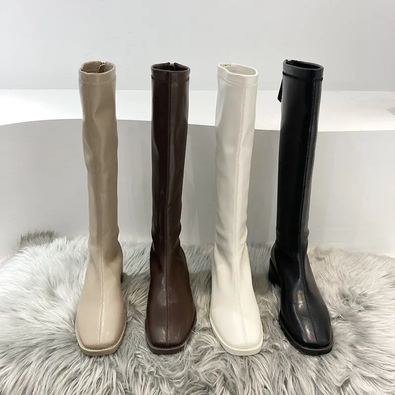 LazySeal Autumn Winter Low Heel Women Concise Long Boots High Quality Soft Leather Square Toe Casual Knee-high Boots Botas Mujer