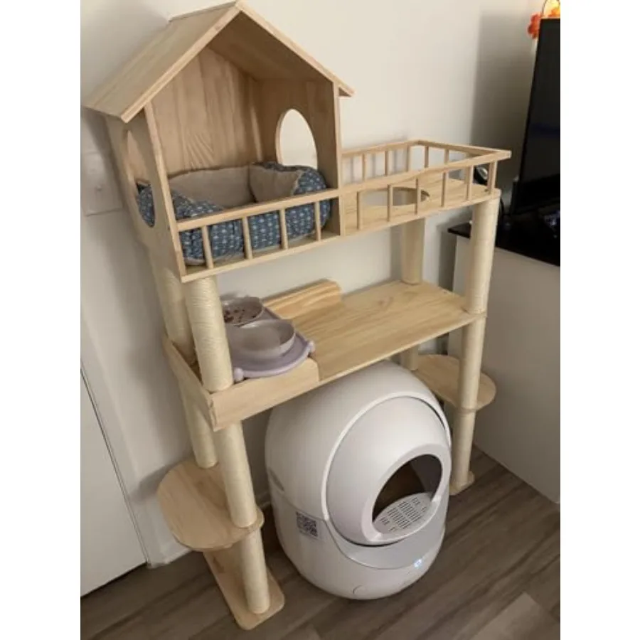 

60.2 Inch Tall Modern Wood Cat Tree with Litter Box Enclosure for Indoor Cats Multi-Level Cat Tower Furniture with Scratching P