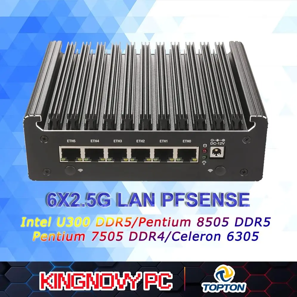 

Твердый безвентиляторный мини-ПК с брандмауэром Intel Pentium Gold 8505 U300 6x2,5G LAN DDR5/DDR4 NVMe/SATA Proxmox/pfSense Домашний сервер