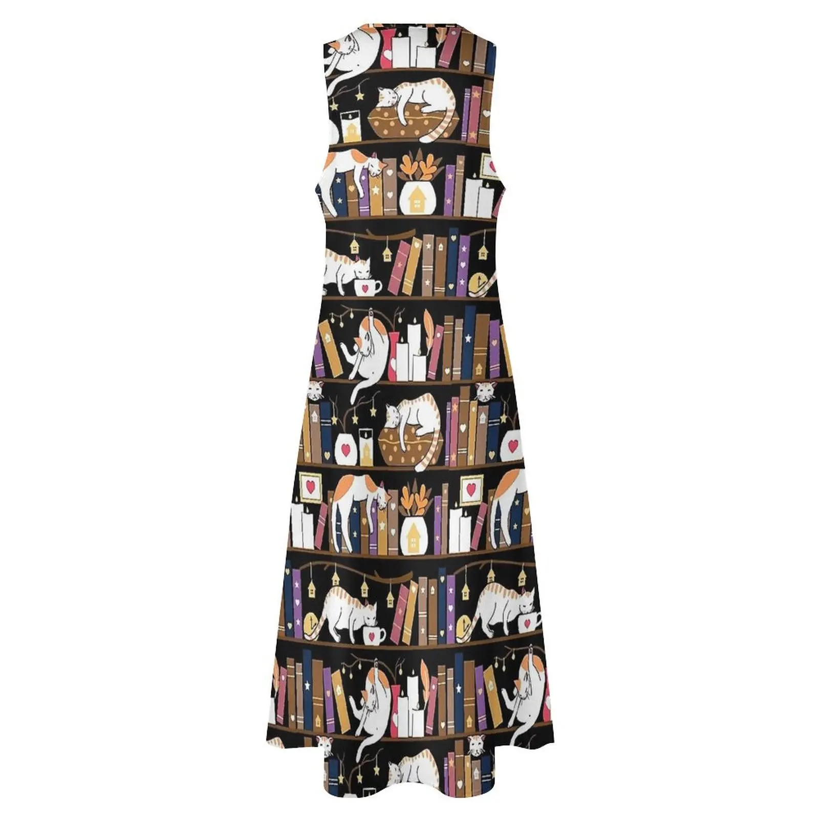 Süßes Bibliotheks-Katzenkleid, modernes Maxikleid, Streetwear, lässige lange Kleider, Sommer, V-Ausschnitt, Grafik, Vestido, große Größe 5XL