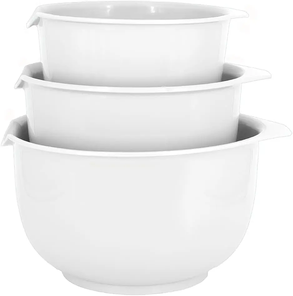

3 Mixing Bowls with Pour Spout, Nesting Design Saves Space, Non-Slip Silicone Base, Dishwasher Safe Plastic for Kitchen Cooking
