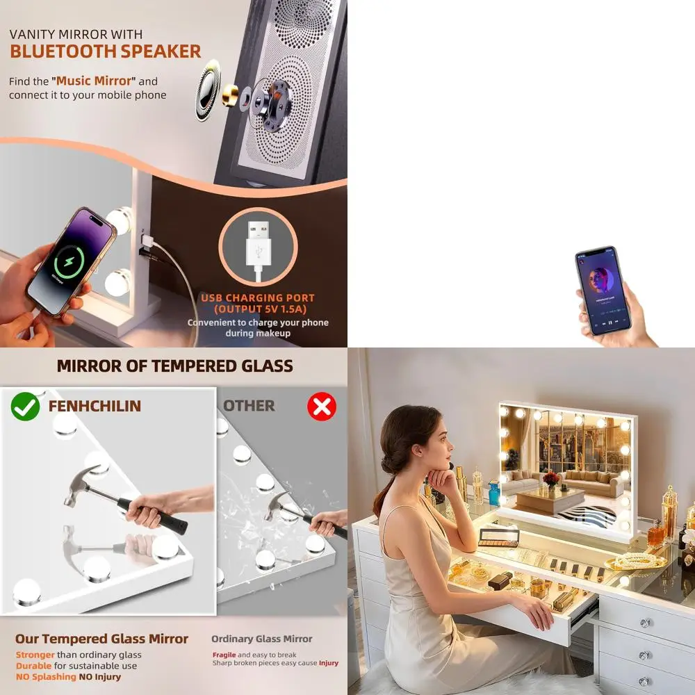 Bluetooth スピーカー付き照明付きバニティミラー、22.8x 18.1、調光可能な LED 15 個、USB ポート、3 つのカラーモード