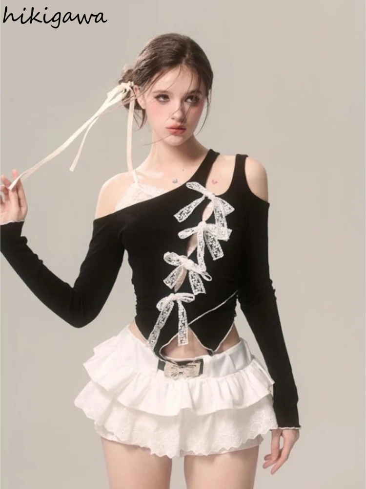 Camisetas negras sexis para mujer, Tops Y2k con lazo de encaje, Camisetas dulces, Camisetas elegantes con hombros descubiertos, Camiseta Irregular calada, Camisetas coreanas