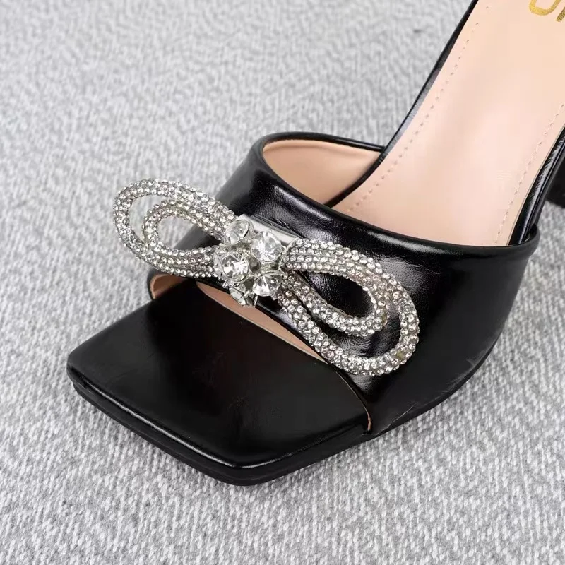 Summer Shoes Women Sexy Slippers Glitter Shiny Bow Diamonds Slip-On Sandals Square Toe High Heels Wedding Party Fashion Pumps