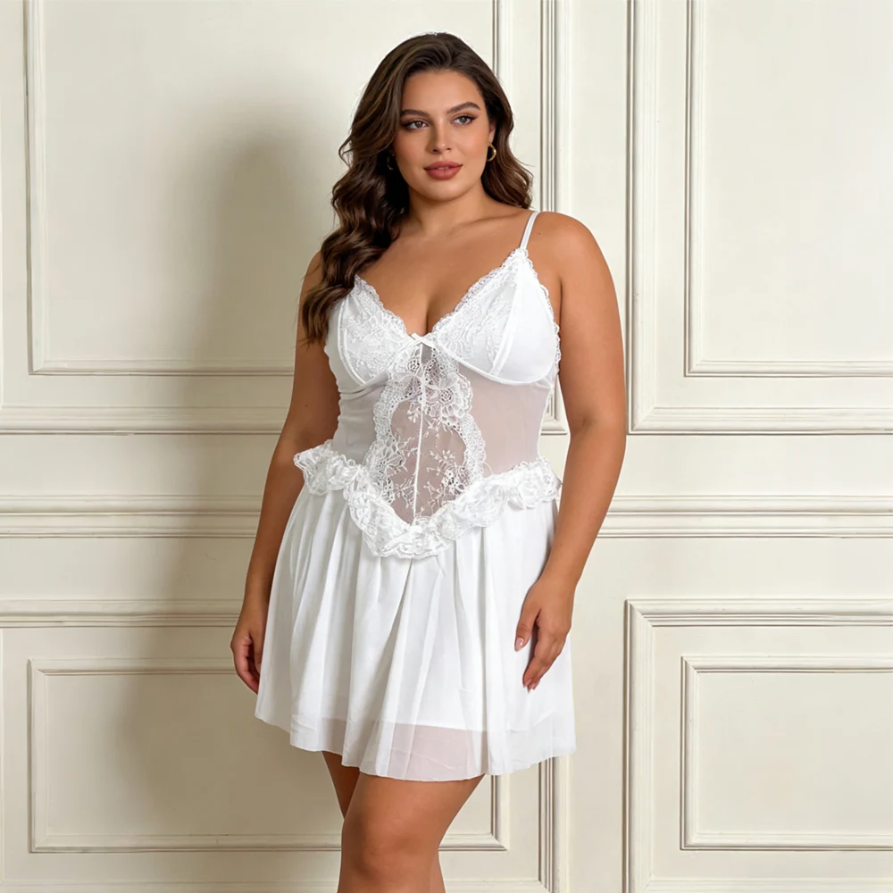 

Bridal Honeymoon Lingerie Wedding Night Sleepwear White Lace Semi-Sheer Slip Nightgown Mesh Chemise