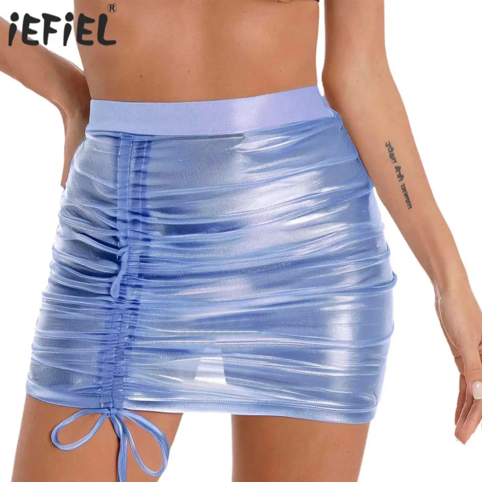 المرأة انظر من خلال شير ضيق Bodycon تنورة صغيرة سباركلي لامع قابل للتعديل الرباط مثير الغنيمة رفع تنورة قصيرة كلوبوير