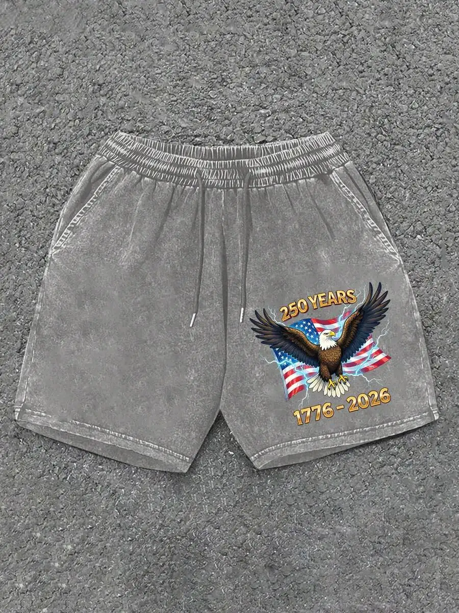 

Mens Washed Cotton Shorts With 250 Years Eagle And Flag Print, Adjustable Drawstring Waist, Loose Fit Summer Casual Wear