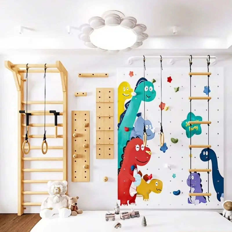 Moetry Custom Design Dinosaur Theme Kids Indoor Gym Workout Equipment Wooden Climbing Wall for Home Fitness Gymnastic Monkey Bar