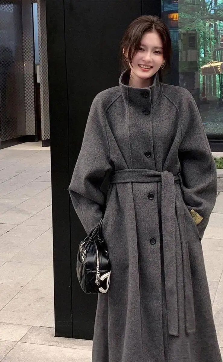 

Wool Blend Coats Womens Woolen Coat Print Winter Chenille Stand-Collar Sashed Elegant Mature French Style Office Lady Urban Chic