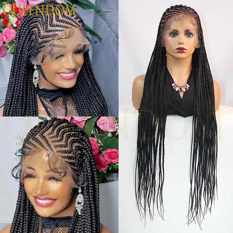 วิกผมแบบเต็มศีรษะขนาด 36 นิ้ว วิกผมสังเคราะห์แบบถักเปีย Faux Locs สำหรับผู้หญิงผิวดำ วิกผมแบบถักเปีย Goddess Box Braided วิกผมแบบถักเปีย Double Cornrow Lace