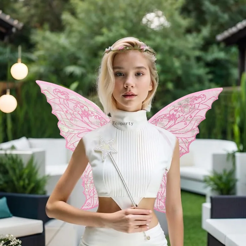 Fairy Wings voor volwassenen en meisjes, Fairy Costume Set met bloemenslinger, Fairy Hair Tinsel, Wand & Elf Ears Disfraz Mujer Party