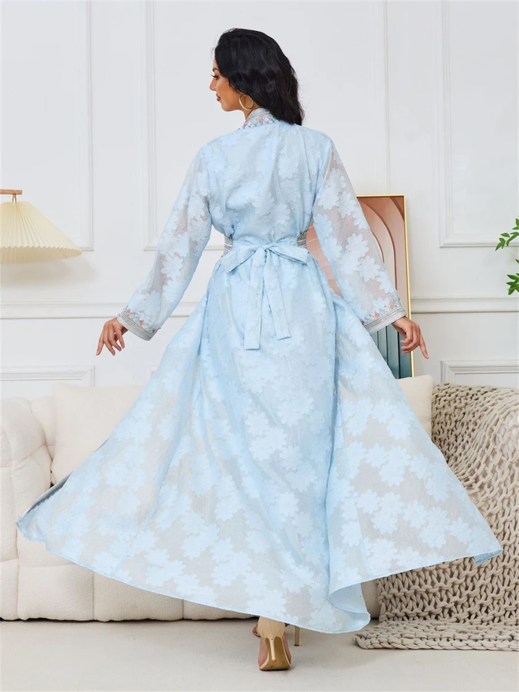 Puffed-sleeve Cardigan, Elegant Dubai Long Dress, Middle Eastern Robe, Two-piece Set With Rhinestones