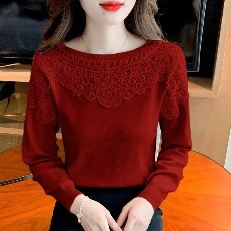 

New French Gentle Lace Sweater Sweater Fashion Splicing Bottoming Shirt Women's Fashion Long-sleeved Top