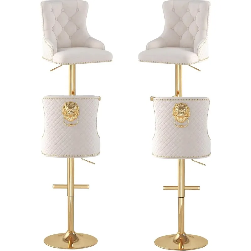Velvet Bar Stool Set of 4 Golden Lion Pull Ring Swivel Chair for Kitchen Counter Nailhead Upholstered Barstools