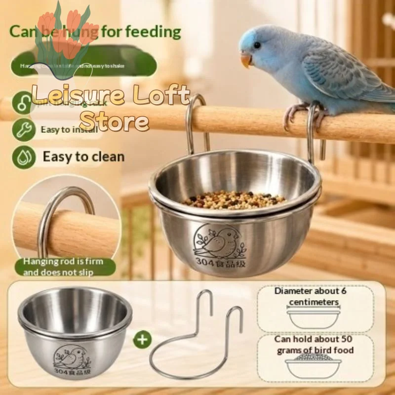 1/2PCS Rust Proof Stainless Steel Bird Feeder Bowl Hanging Parrot Bath Cups Stable Locking for Long Term Daily Use