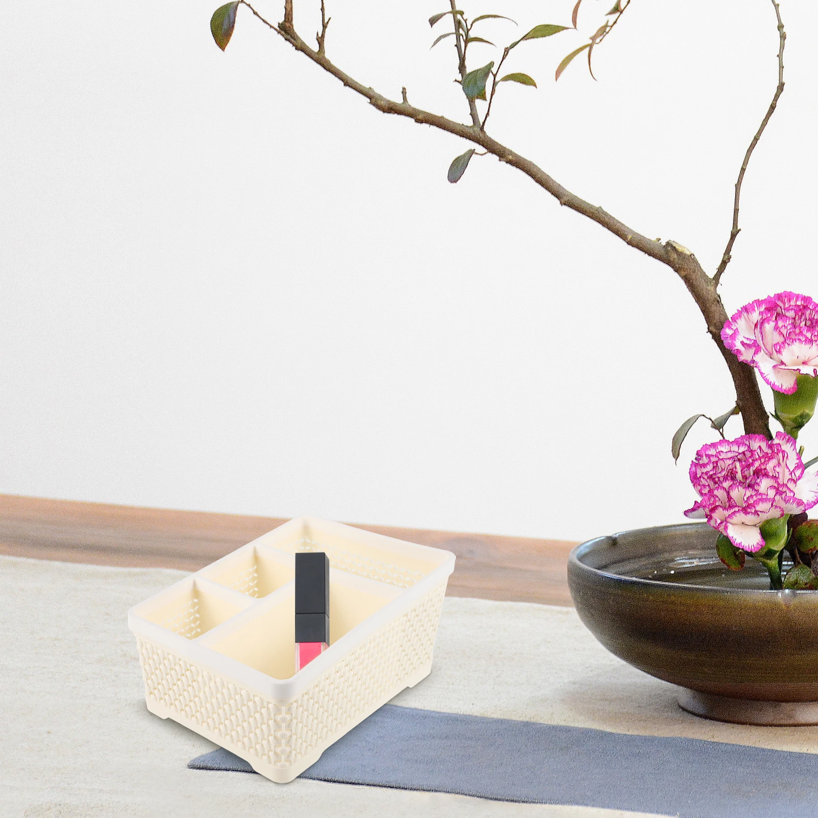 4 Compartment Skin Care Organizer Plastic Makeup Storage Box for Desk Vanity Bathroom Organizing Essentials Beige