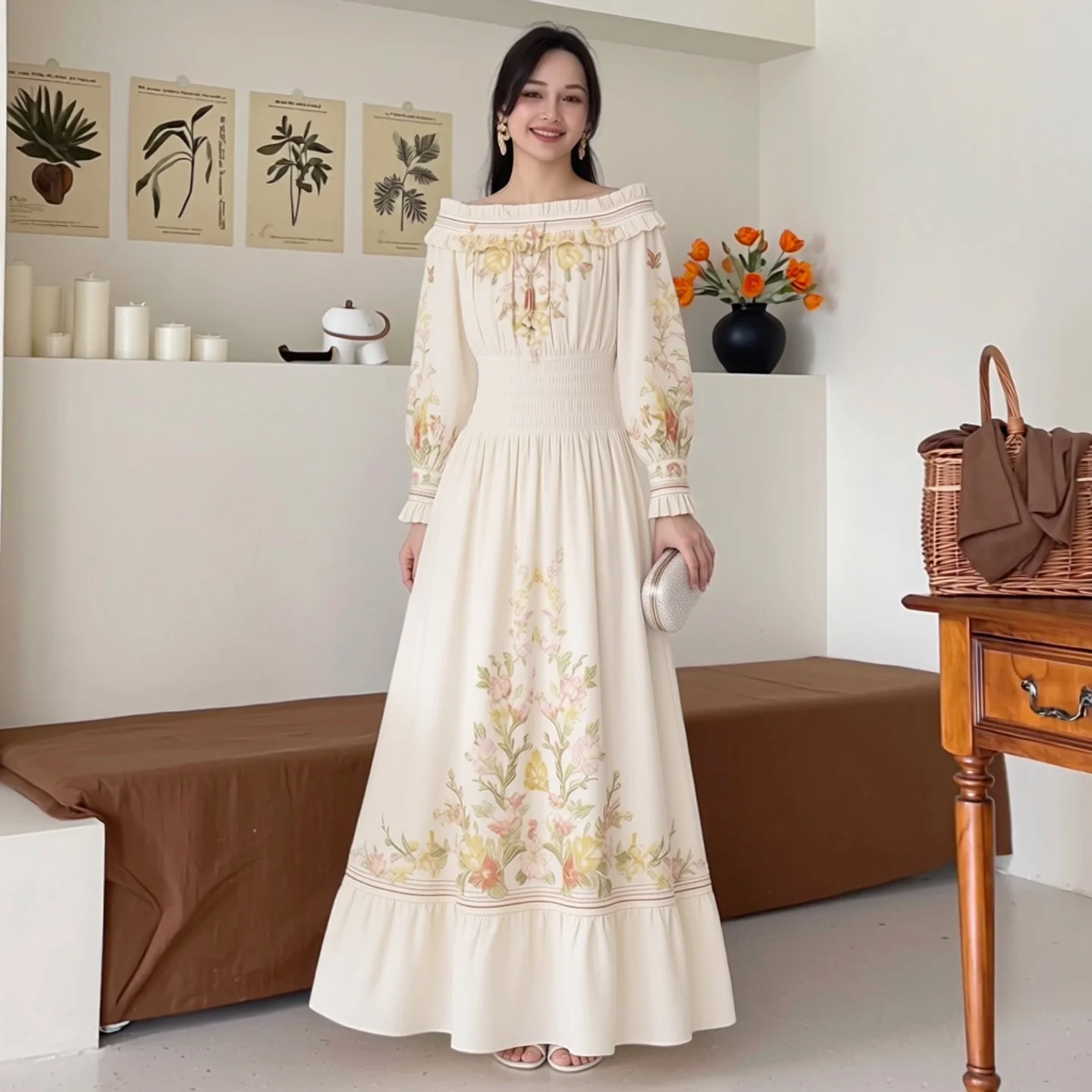 Princess Style Floral Print One Shoulder Long Sleeve Women's Dress Waist Cinched Maxi Fairy Skirt High Waist Cotton Linen Spr...
