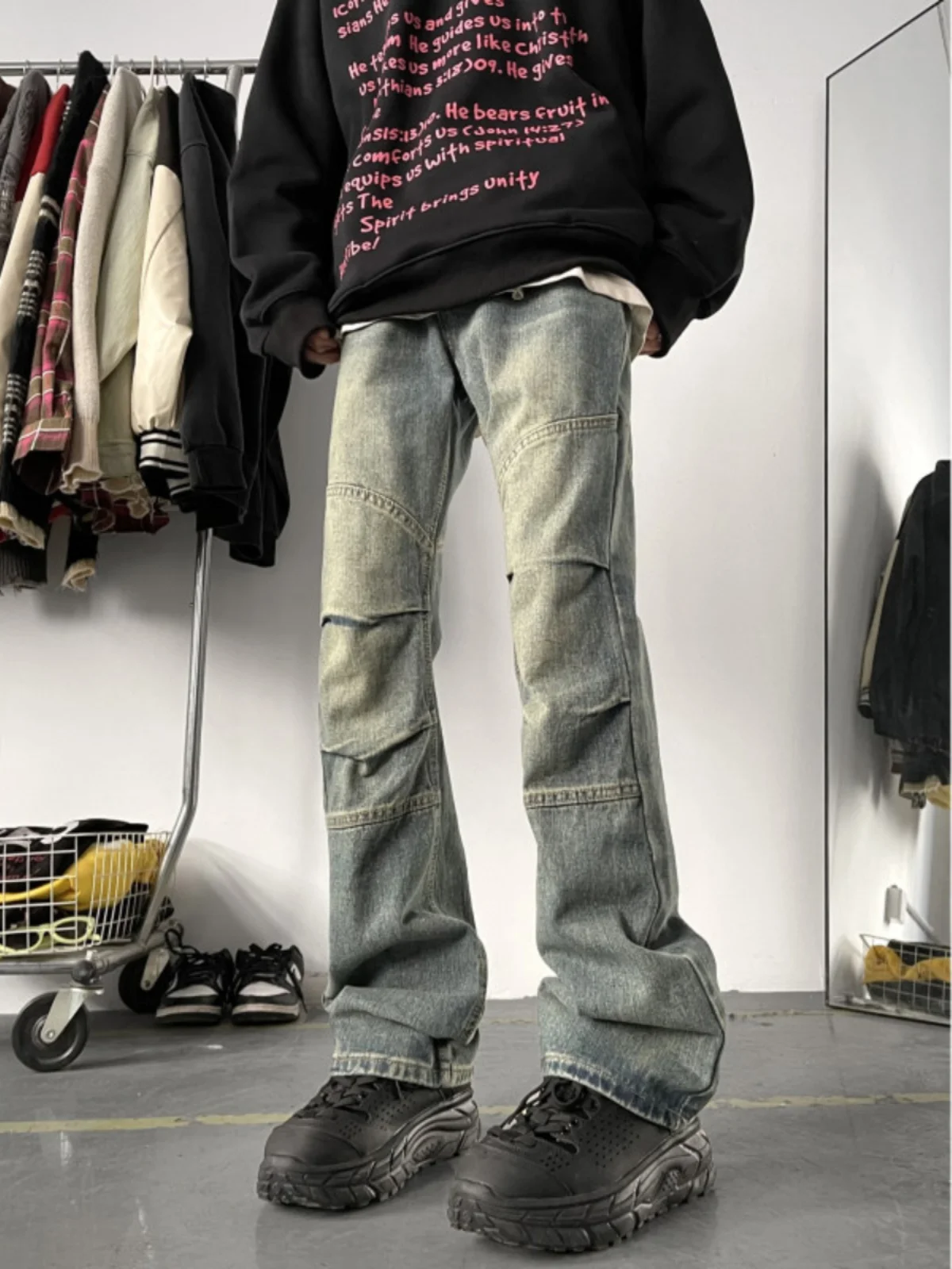 

Мужские джинсы синего цвета в стиле ретро, облегающие, осенне-зимние, винтажные, с эффектом потертости, в американском стиле, с высокой талией, зауженные, слегка расклешенные