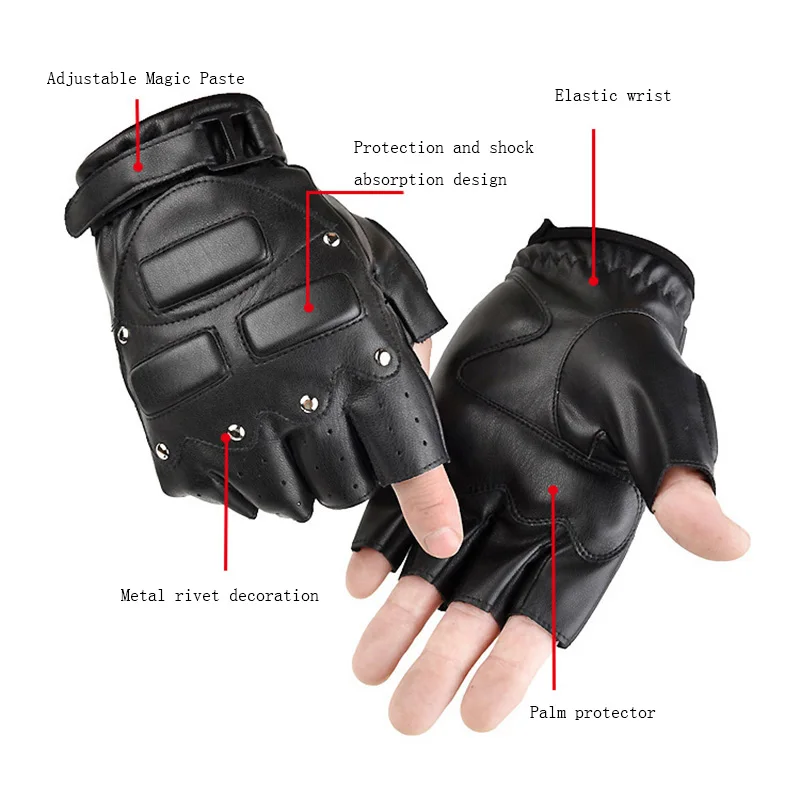 Gants de protection en cuir PU pour hommes et femmes, demi-doigt, équipement de sport, Fitness, combat tactique, Rivet en métal, Punk, exercice, Mitten O20