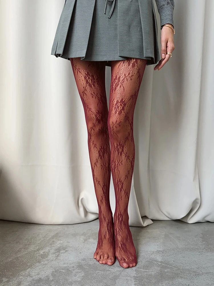 Women's floral vine mesh high-waisted shaping tights with stretch, plus size, ideal for Valentine's Day party outfits