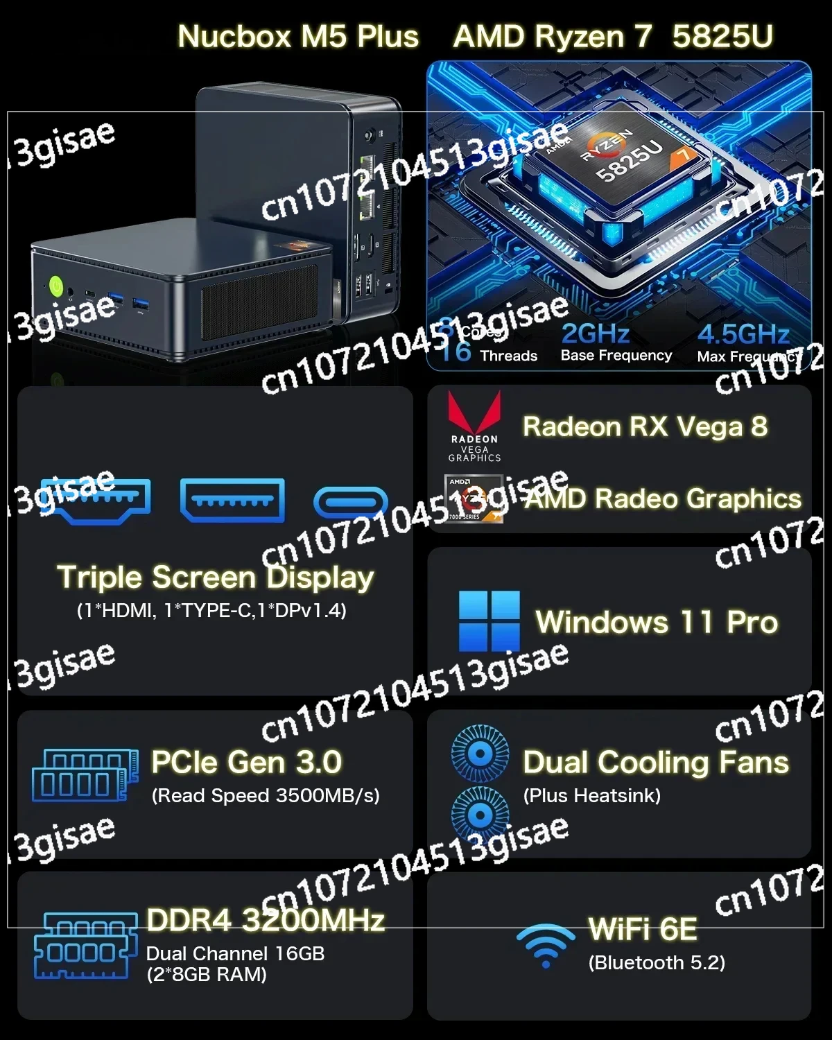 Ryzen 7 5825U Mini PC Windows 11 Pro DDR4 16GB 512GB NVME SSD Wifi6 BT5.2 2.5G Lan Desktop Gaming Computer