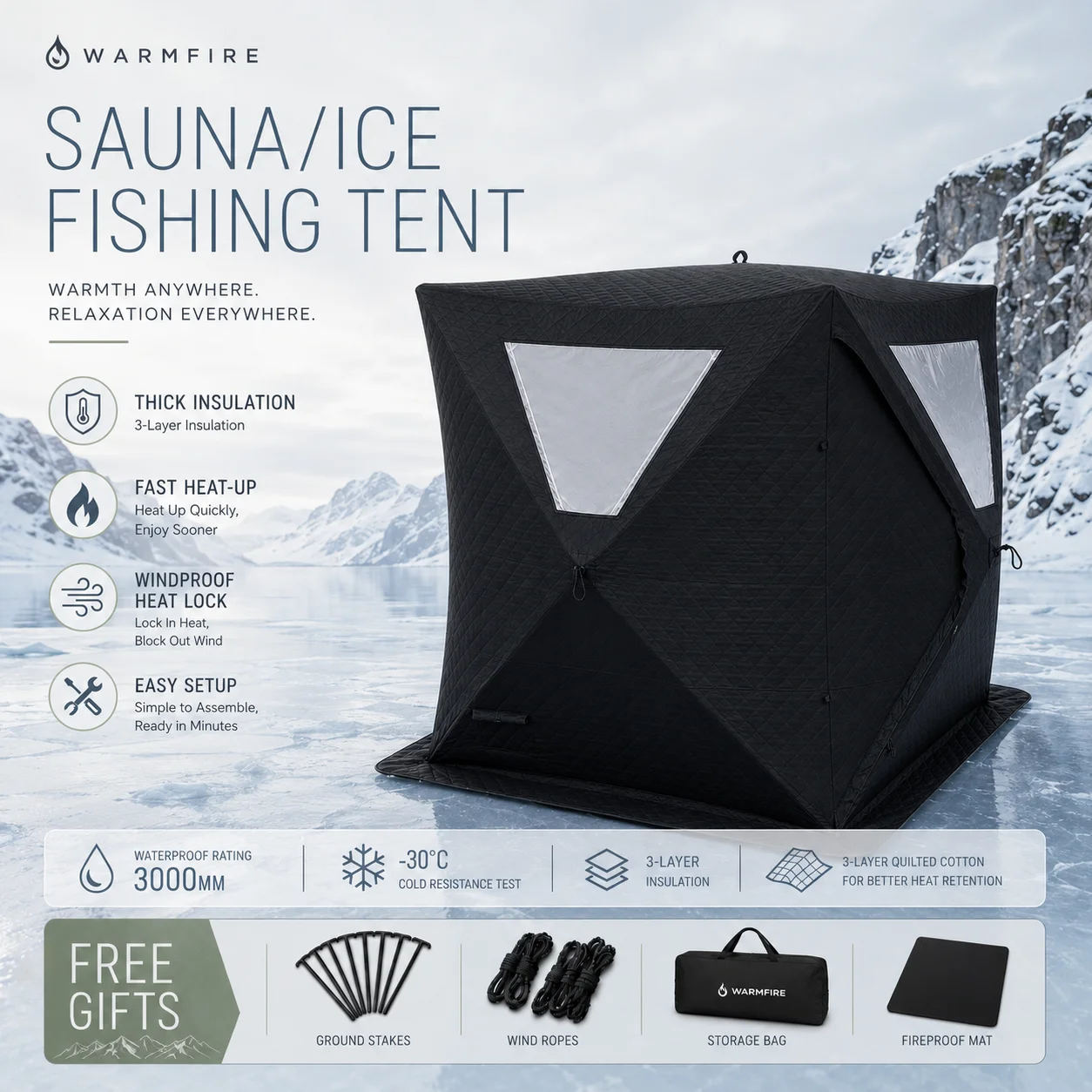 One Bedroom Outdoor Camping Tent Breathable Oxford Fabric Warm Window Waterproof Fiberglass Poles Sauna Design Triple