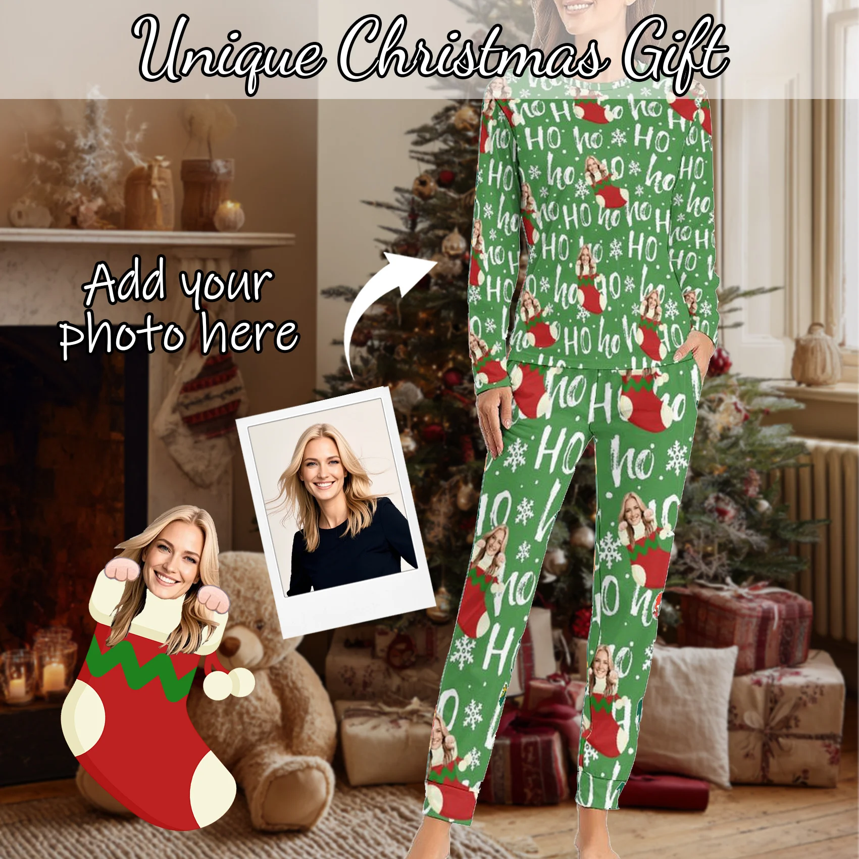 

Custom Women Pajamas with Face homewear Custom Women long Sleeve Pajama Set Personalized Christmas gift family couple pet