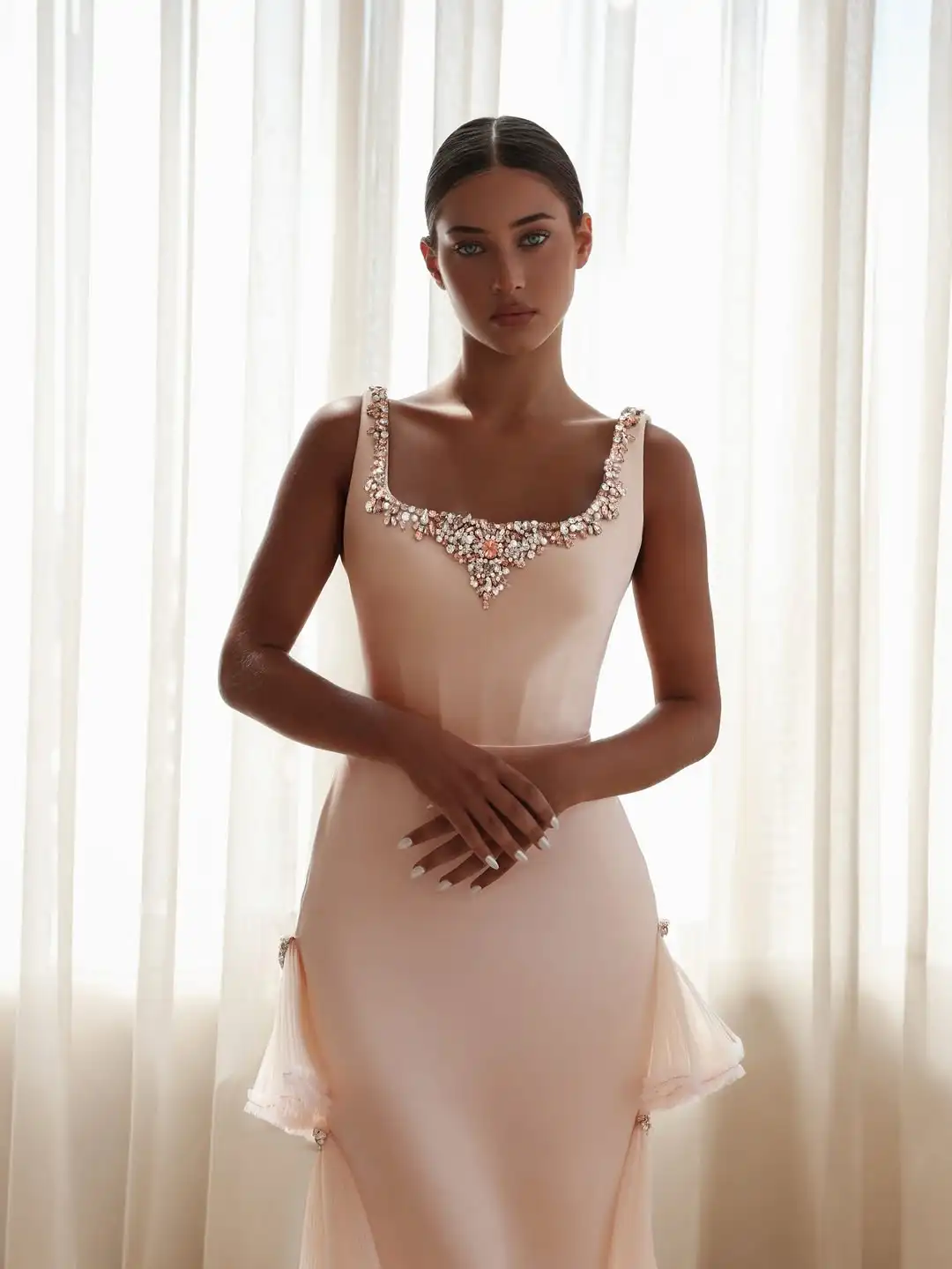 Ofherown Blush Pink Square Neck Beaded Evening Dress Tulle Tiered Ruffles Mermaid Prom Gown Backless Formal Wedding Guest Dress