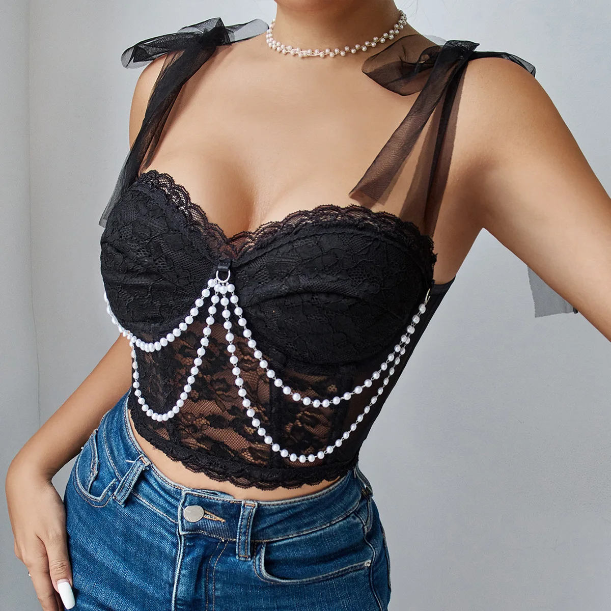

Pearl Chain Crop Tops for Women Summer Sexy Slim Lace Hollow Halter Tank Top Sheer Vest Boned Corset Fashion Sleeveless Camisole