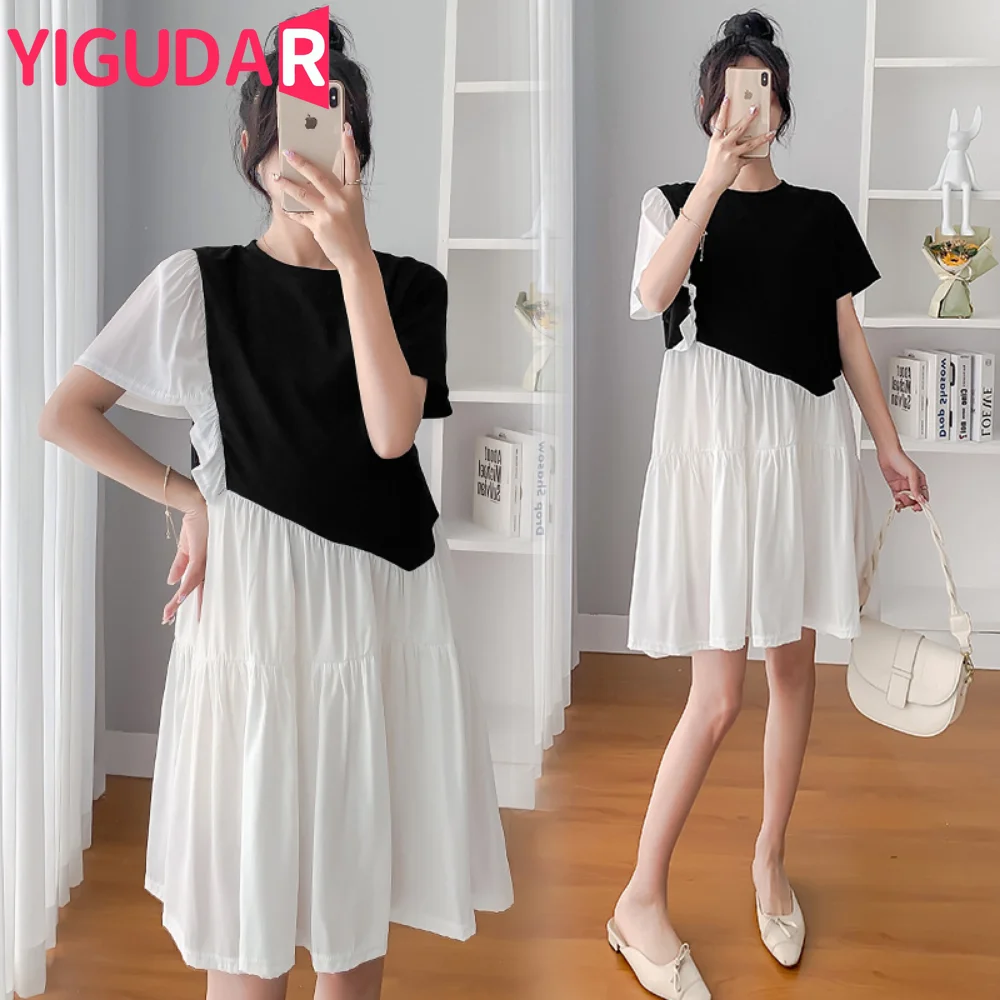 

2023 Elegant Chic Women's Clothing Contrast Color Short Sleeve A-line Skirt Summer Fashion Patchwork Black White Long Dress