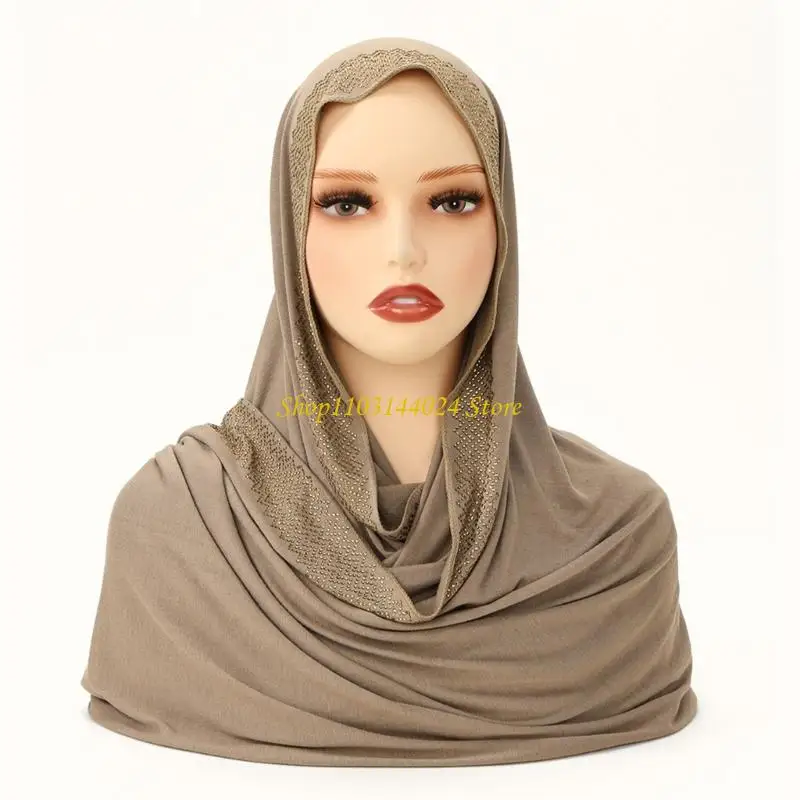 

N5KE Glittering Rhinestones Embellished Scarf Cotton Hijab For Ethnic Look And Breathable Wear In Various Setting 170cm