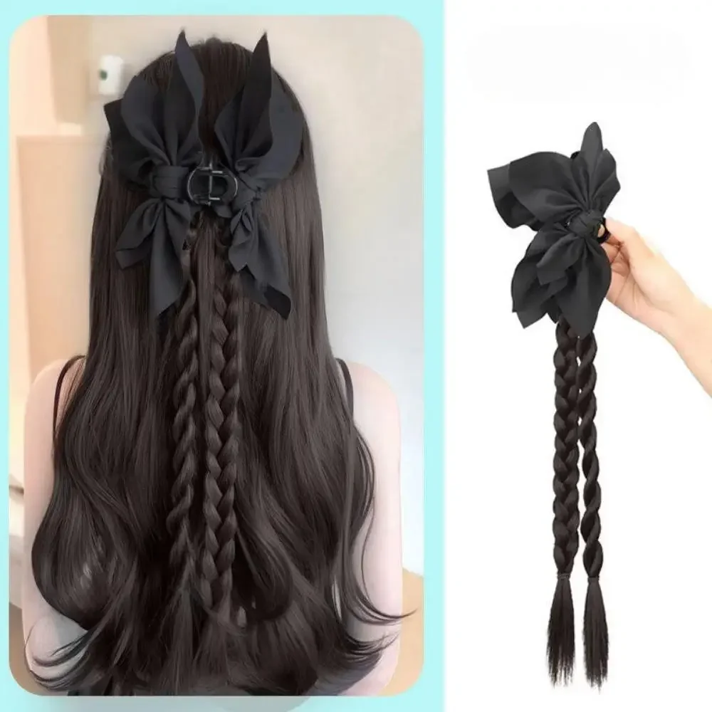 Women Black Bowknot Clip Twisted synthetic Braid Wig Natural Simulation Boxing Ponytail Hair Extension