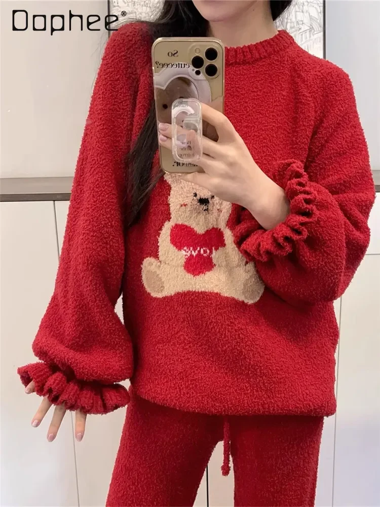 

Sweet Red Bear Pajamas Women's New Years Thick Warm Loungewear Coral Fleece Sets Round Collar Flare Sleeve Pullover Sleepwear