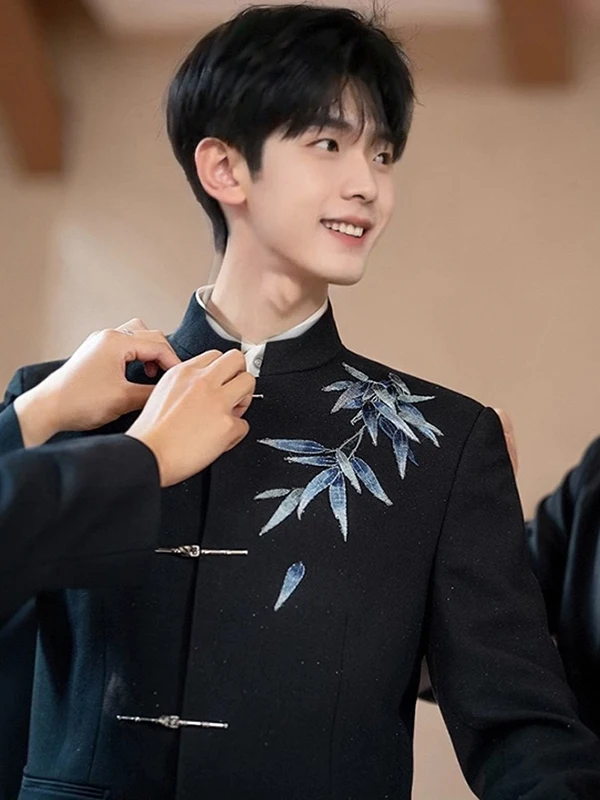 

New Chinese Sle Thin Embroidered Bamboo Suit Jaet for Men Wedding Engagement Zhongan Coat Wedding om Western Suit Set