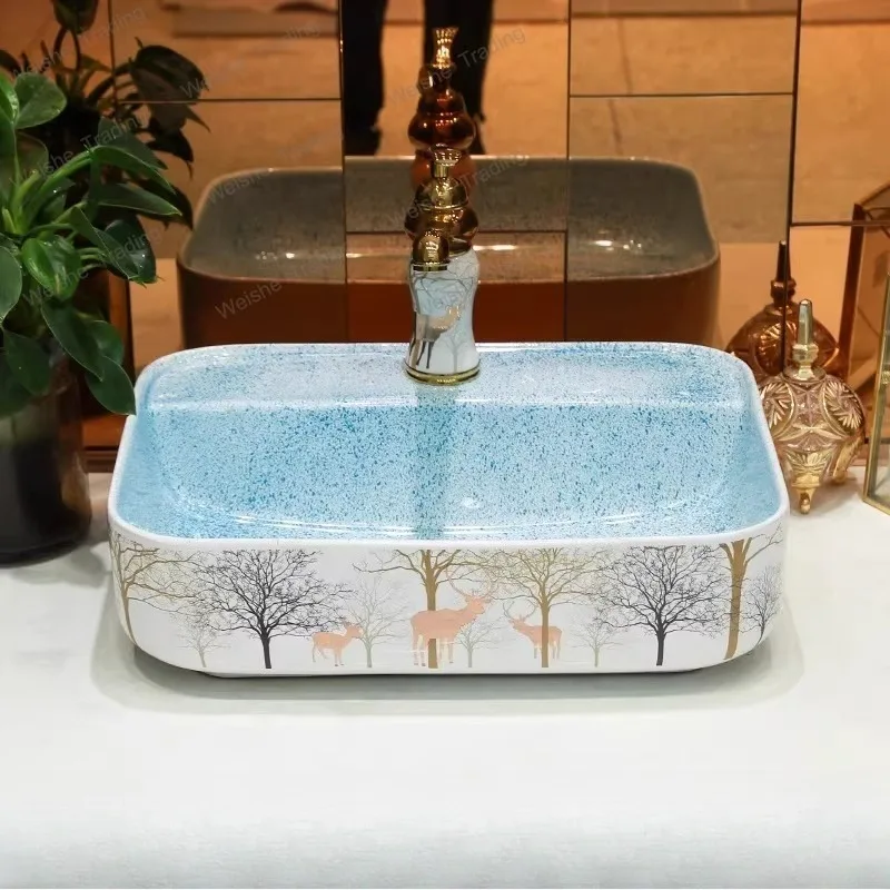 Retro countertop basin Square ceramic art countertop basin Household bathroom wash basin