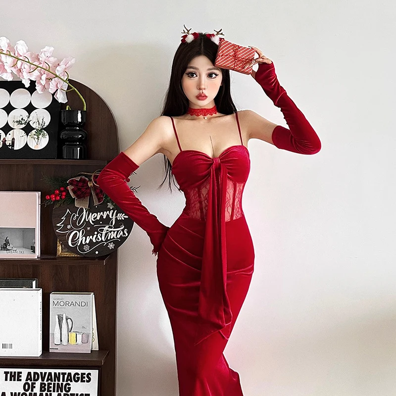 REDDACHiC عيد الميلاد النساء ثوب حفلة مع قفازات شير الدانتيل مثير القوس مشد حورية البحر ماكسي طويل Bodycon فستان حفلة ملابس رسمية