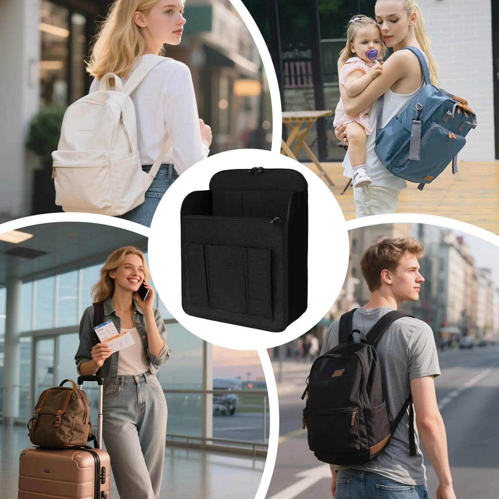 Organizador de mochila, bolso de hombro con muchos bolsillos, organizador portátil de almacenamiento de fieltro para accesorios electrónicos, paraguas