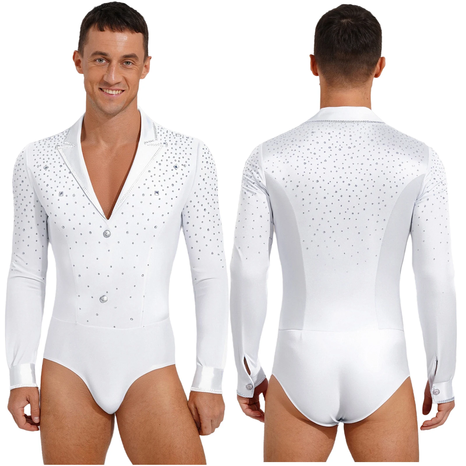 

Mens Latin Tango Dance Bodysuit Rhinestone Lapel V Neck Long Sleeve Leotard for Cha-cha Rumba Ballet Figure Skating Gymnastics
