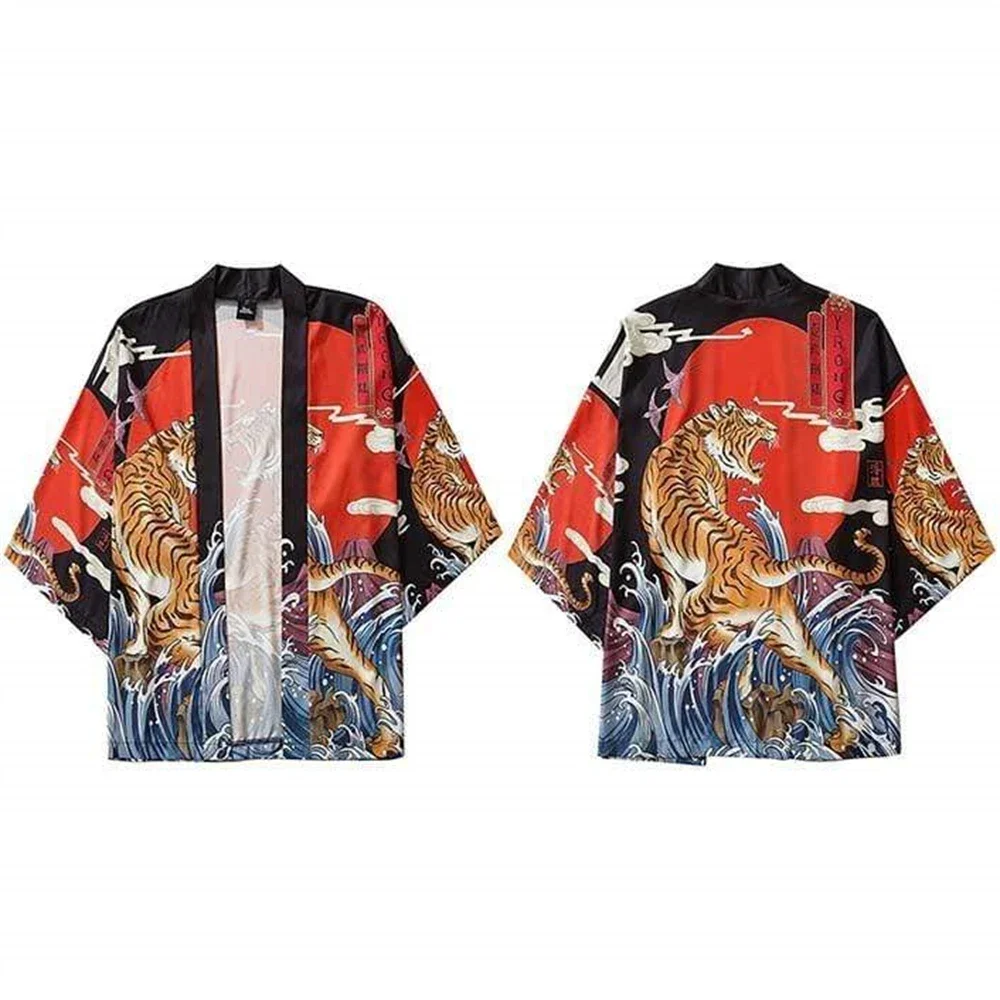 2024 Summer Fashion Men\'s Japanese Kimono Cardigan Tiger Print Casual Comfortable Men\'s Tops Loose Three-quarter Sleeve Handsome