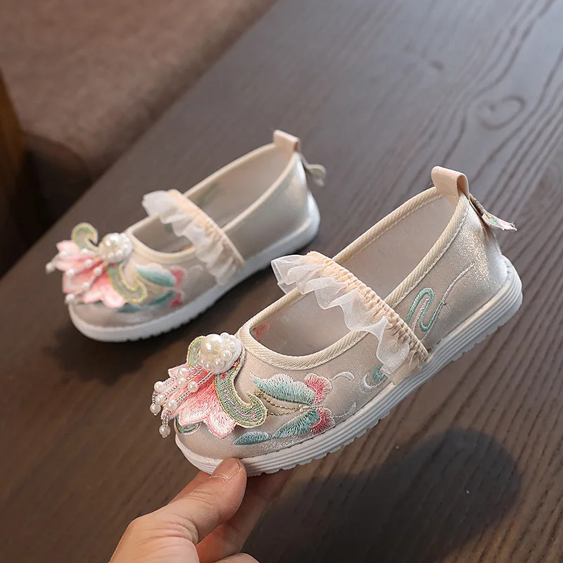 Sapatos Bordados Estilo Chinês para Meninas, Hanfu Festival Party Princess Shoes, Flats para Baby Girl Kids