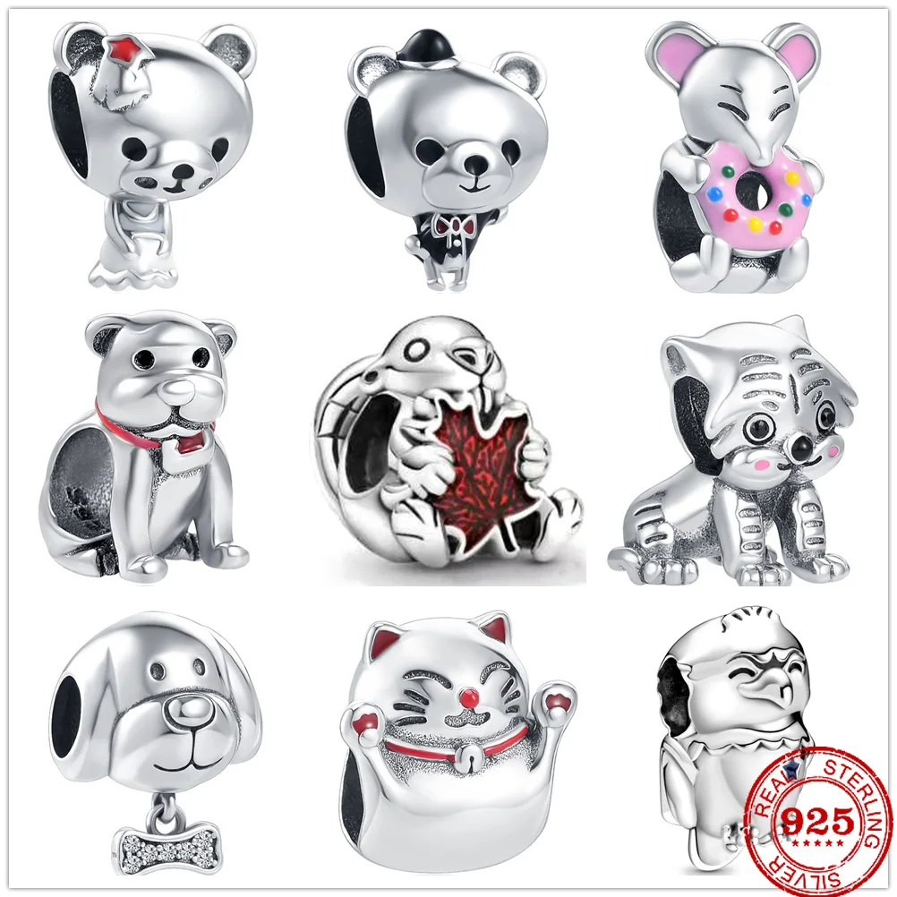 925 Sterling Silver Cute Bear Mouse Dog Mommy Tiger Bird Rabbit Charms DIY fine Bead Fit Original Pandora Charm Bracelet Jewelry