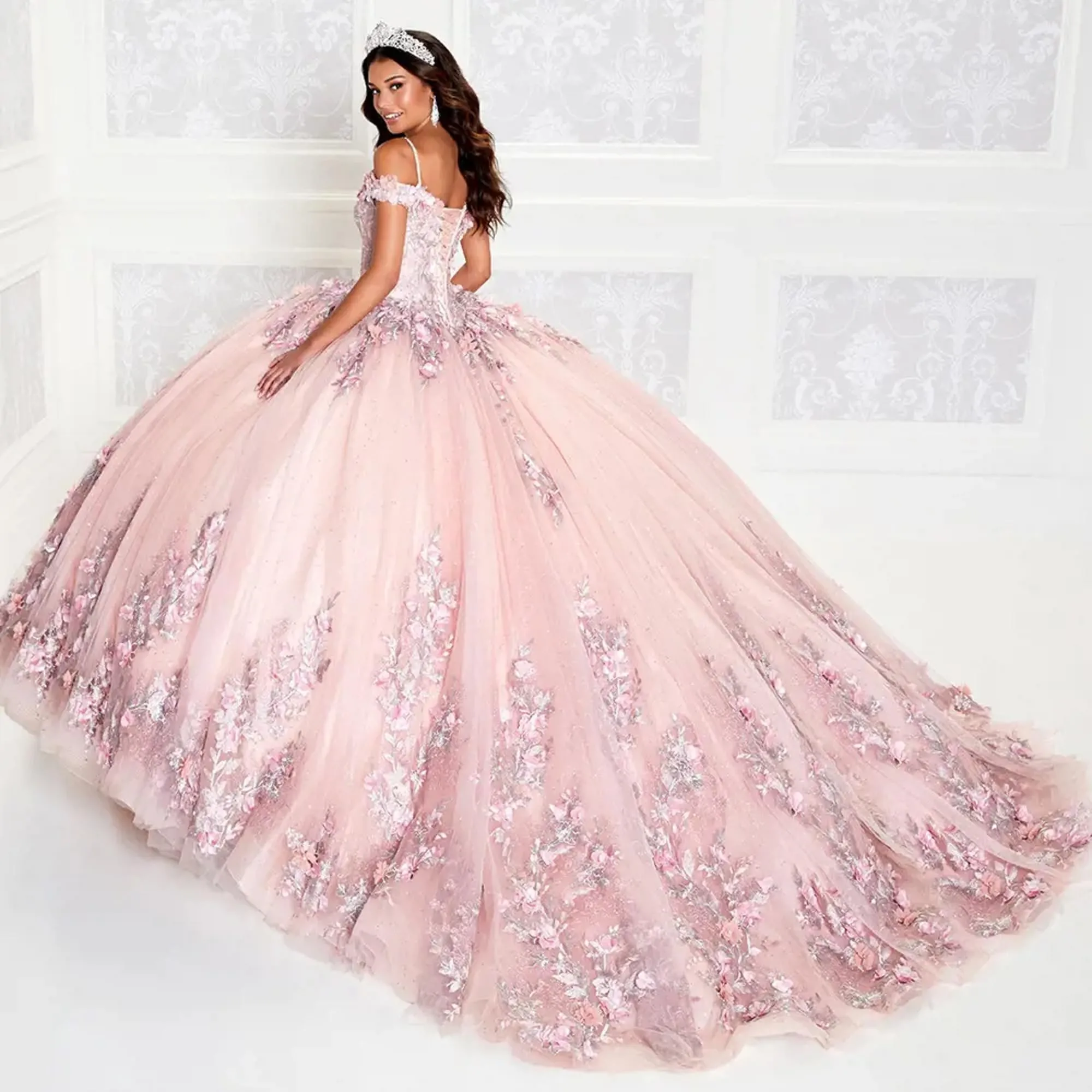 Pink Quinceanera Dresses Ball Gown Off The Shouler Tulle Appliques Puffy Mexican Sweet 16 Dresses Charro 15 Anos