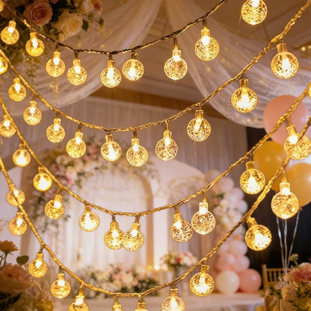 

Indoor Fairy Lights LED Bubble Ball String Lights Golden Glow Battery Operated for Wedding Holidays New Year Room Decorations