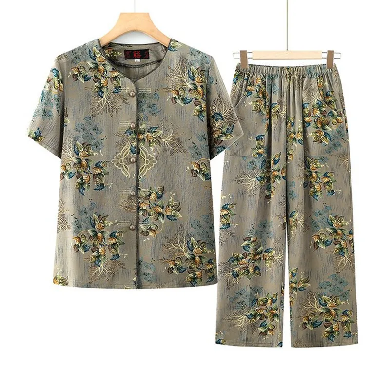 

XL-5XL Outside Wear Sleepwear Pijama Mujer Women's Pajamas Set Vintage Short Sleeve Pant Suit Middle Aged Mother Home Clothes
